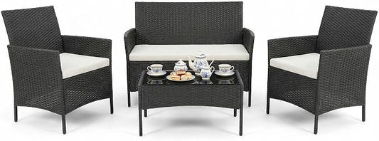 4 Piece Patio Furniture Set, Outdoor Deck Rattan Chair Wicker Combo Furniture, All Weather Dialogue Rattan Sofa with Upholstery and Glass Table for Garden, Backyard, Porch, Lawn, Pool, Black+White