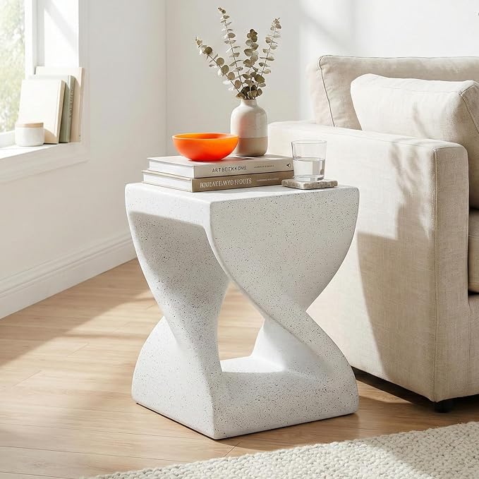 Square Outdoor Side Table, MGO Concrete Twisted End Table with White Terrazzo-Speckled Decor, Fully Assembled Patio Accent Table for Balcony, Living Room, Garden