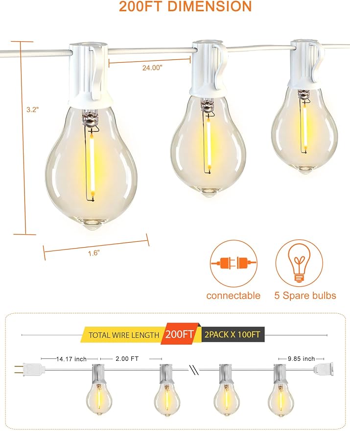 Outdoor String Patio Lights White 200FT Waterproof Lights for Wedding Party | 2FT Bulbs Spacing, 2x100FT Connectable White Outdoor Lighting with 105 Plastic Dimmable LED Bulbs for Backyard Bistro Balcony