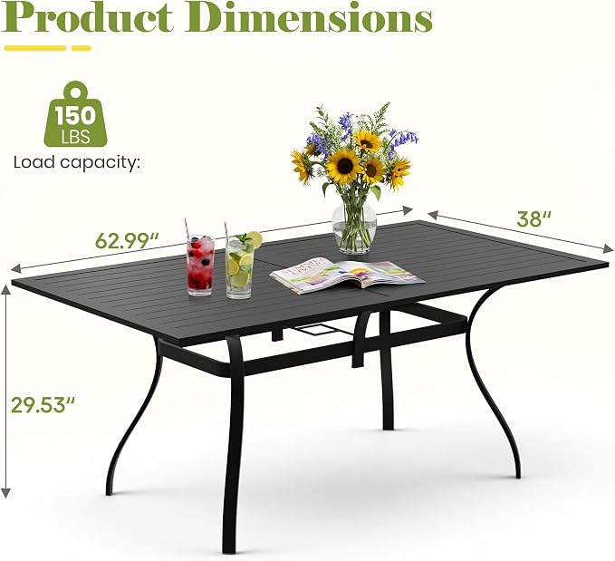 63" Outdoor Patio Dining Table for 6, Rectangular Metal Table with Umbrella Hole, Weather-Resistant Slatted Table, Black