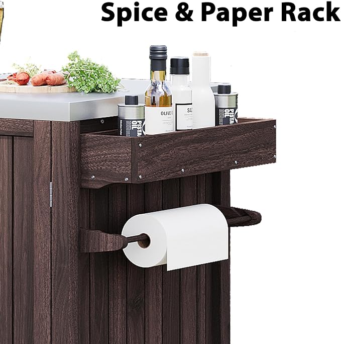 RUNNA Outdoor Kitchen Island for Big Green Egg Grills, Solid Wood Outdoor Grill Cart for Tabletop Grill with Stainless Steel Top, Drawer, Compatible with Large Big Green Egg, Kamado Joe (Brown@029)