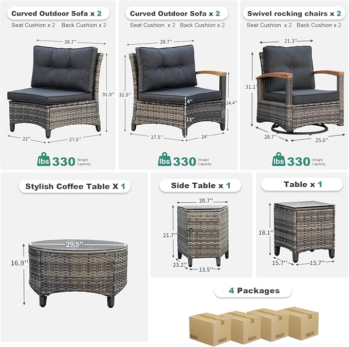 MEISSALIVVE 9 Piece Outdoor Patio Furniture Set, Half-Moon Curved Sectional Set with Wood Armrests, Patio Conversation Set for Porch,Deck,Balcony (Grey)