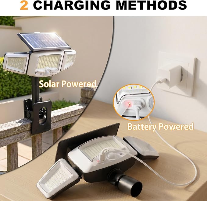 Clip-On Solar Lights, Motion Sensor Outdoor Lights with Stakes | In-Ground, Clamp or Wall Mount, USB Charging Supported, IP65 Waterproof, Solar Flood Lights for Yard, Fence, Pathway, 2 Pack