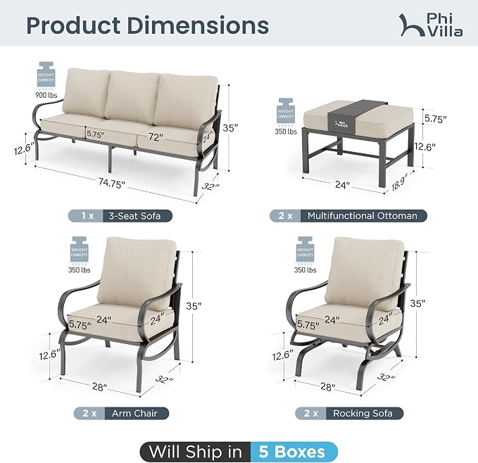 PHI VILLA 7 PCS Outdoor Patio Furniture Set with 2*C-Base Chairs, 1 * 3 Seater Padded Deep Seating Bench Sofa, 2*Padded Armrest Leg Chairs and 2*Metal Cushioned Ottoman for 7 Person