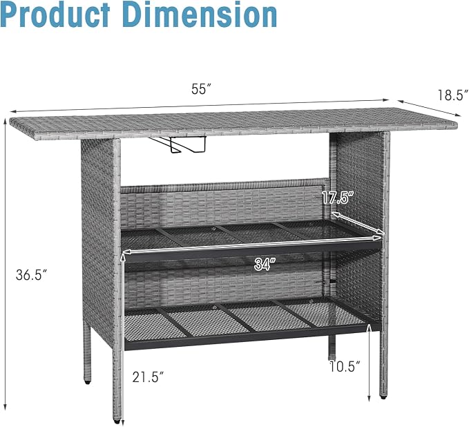 Tangkula Outdoor Wicker Bar Table, Patiojoy All Weather Patio Bar Height Table with 2 Metal Mesh Shelves & 2-Rail Steel Stemware Racks, Rattan Bar Counter Table for Backyard, Poolside (Mix Grey)