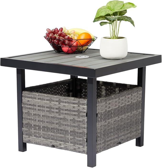 Outvita Outdoor Side Table with Umbrella Hole, Rattan Umbrella Stand Table with 1.6" Umbrella Hole for Patio Yard Balcony Porch Poolside