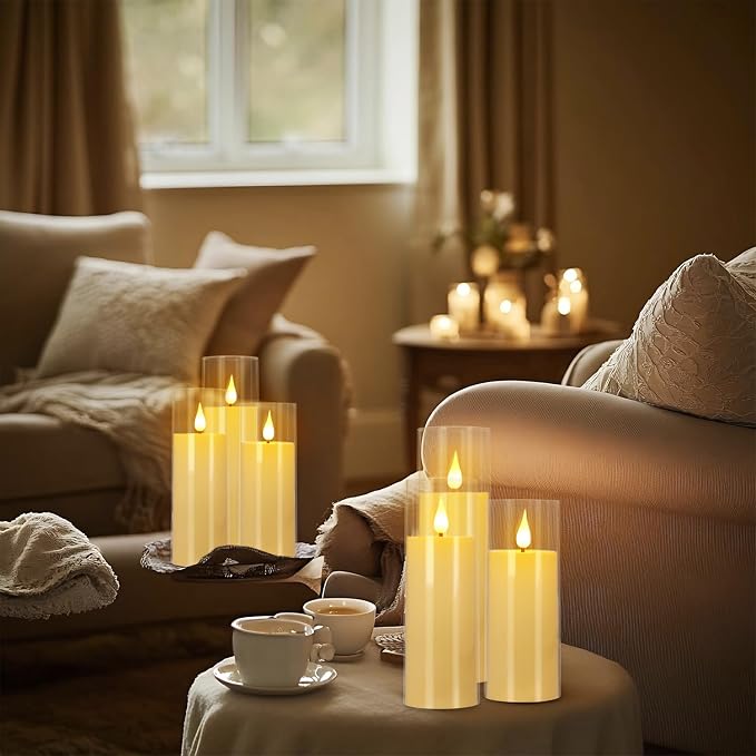 YOROXRG Flickering Flameless Candles Battery Operated with Remote,Led Pillar Candles with Realistic Moving Wick Candles for Halloween,Christmas,Home Decor Pack of 24 (D2.2 xH 5" 6" 7")(Ivory)
