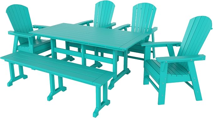 WestinTrends Dylan Adirondack Patio Dining Set for 6, All Weather Poly Lumber Outdoor Table and Chairs Set of 4, 71" Trestle Table and Adirondack Dining Chair with Dining Bench, Turquoise