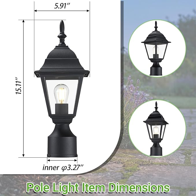 Outdoor Post Light, Rustproof Aluminum Pole Lamp, Black | Exterior Lamp Post Light Fixture for Garden, Yard, Pathway, Waterproof, Glass, E26 Base, Max 60W