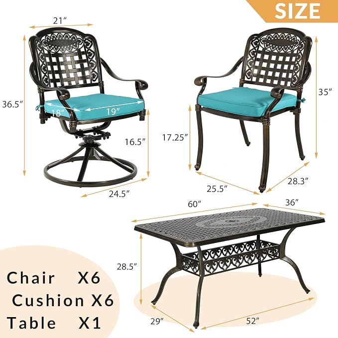 7-Piece Outdoor Patio Dining Set, 60” Rectangular Cast Aluminum Dining Table with Umbrella Hole and 4 Stationary, 2 Swivel Rocker Chairs, 6 Cushioned, Backyard, Patio, Garden, Blue
