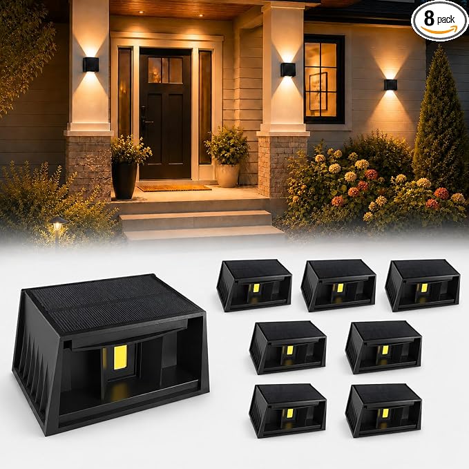 T-SUN 8 Pack Solar Wall Lights Outdoor, Up and Down Solar Wall Sconce | 3000K, IP65 Waterproof Decorative Accent Lights for Front Porch, Garage Wall, Back Patio, Fence Corner, Pathway Entry
