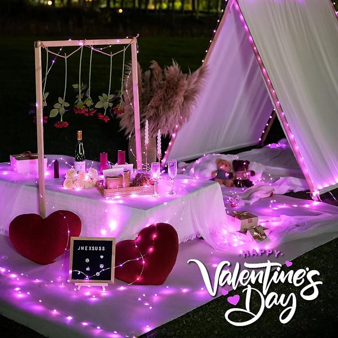 JMEXSUSS 2 Pack Solar Fairy Lights, 33ft 100 LED Solar String Lights, Pink | Outdoor Waterproof, 8 Modes Copper Wire Twinkle Lights for Outside Garden Patio Party Valentine Day Christmas Decorations