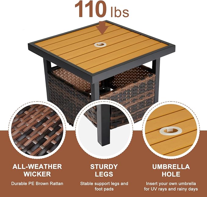 Outdoor Patio Umbrella Stand Table, All Weather Small Wicker Side Table with Umbrella Hole, 22 in Rattan Base Table (Yellow)
