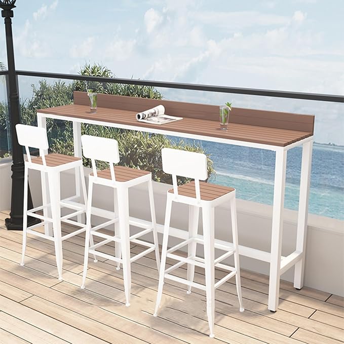 Outdoor Bar Table, Patio Pub Height Table with Anti-Fall Baffle, All-Weather Bar Height Counter Table, Narrow Dining Table for Hot Tub, Garden & Backyard(Color:White+Wood,Size:L-47.2in)