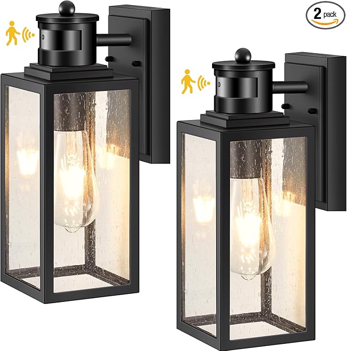 VIANIS 2 Pack Motion Sensor Porch Lights Outdoor, Modern Black Exterior Lighting Fixtures Wall Mount for House, Anti-Rust Waterproof Outdoor Sconce Lights for Garage, Front Door with Seeded Glass