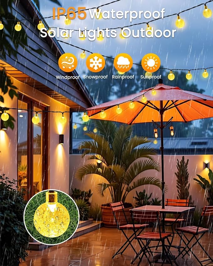 LORRYTE Solar String Lights Outdoor 32FT 50 LED Patio Lights, Warm White | Crystal Globe, IP65 Waterproof, Auto On/Off, 8 Modes Solar Powered Light for Outside Garden Yard Wedding Porch Party Decor