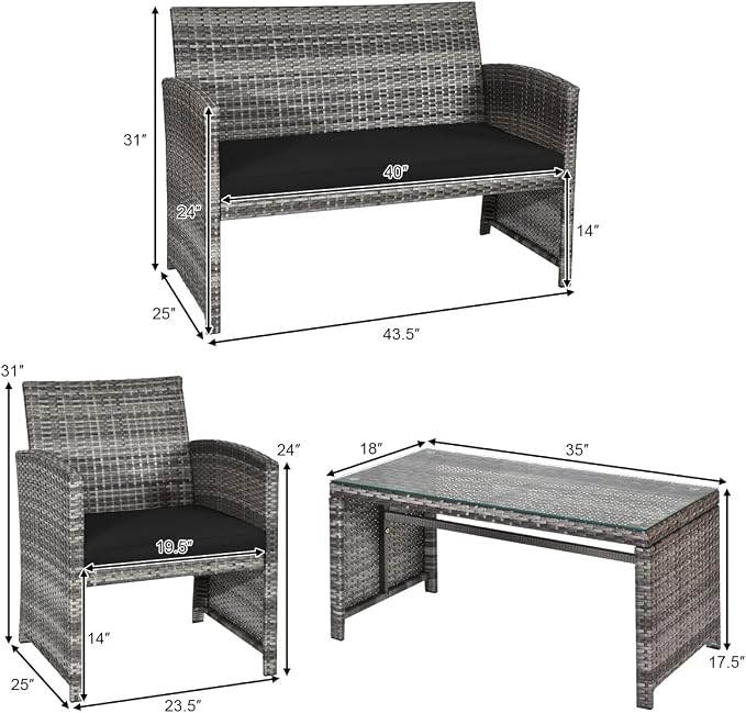 Tangkula 4 PCS Wicker Patio Conversation Set, Outdoor Rattan Sofas with Table Set, Patio Furniture Set with Soft Cushions & Tempered Glass Coffee Table for Poolside Balcony