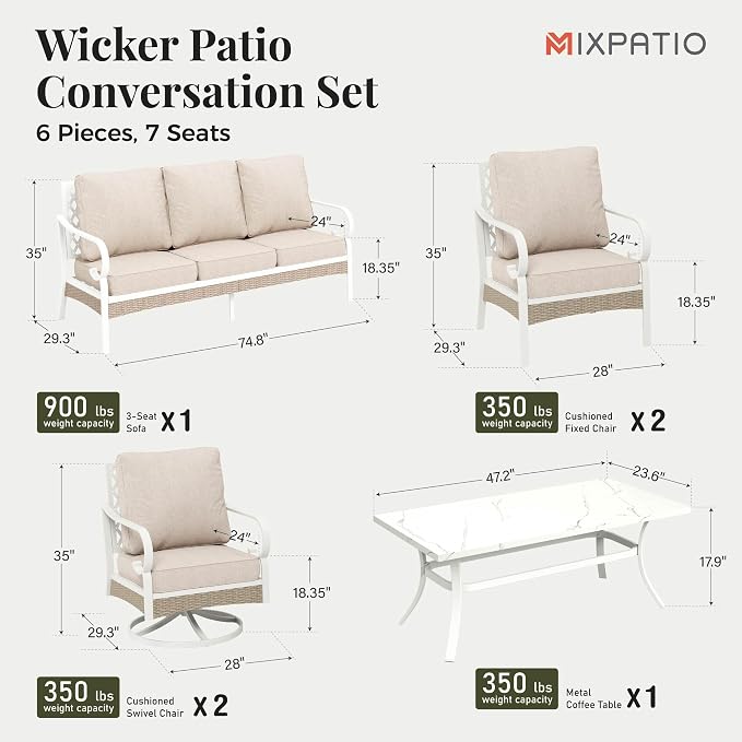 MIXPATIO 6 Piece Patio Furniture Set, 2 x Fixed Chair, 2 x Swivel Chair, 1 x 3-Seat Sofa with Marbling Coffee Table, All Cushioned Outdoor Conversation Set for Lawn Deck Backyard, Beige