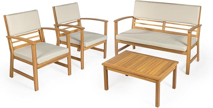 JONATHAN Y Barclay Modern 4-Piece Acacia Wood Outdoor Patio Set, Conversation Seating Group with Removable Cushions and Coffee Table for Backyard, Porch, Garden, Poolside, Teak Brown LVG1000A-4SET