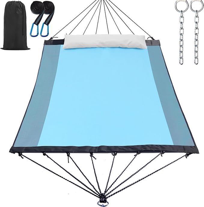 GAFETE 14ft 2 Person Hammock for Outside, Quick Dry Textilene, Portable Hammocks Without Stand with Folding Steel Spreader Bar, Carrying Bag, Tree Straps, Pillow & Sidebag, 550 lbs Capacity (Aqua)