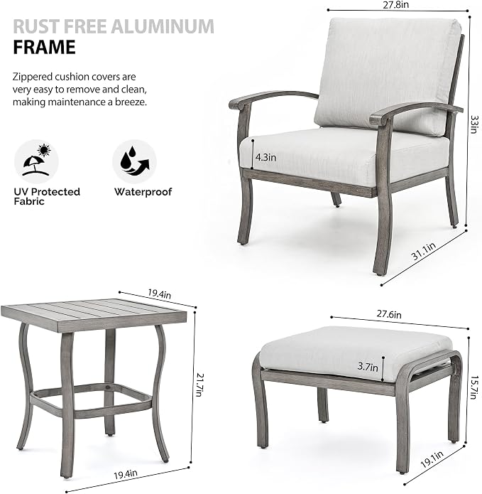 HAPPATIO 5 Piece Aluminum Outdoor Patio Furniture Set, Patio Chairs with Ottomans and Side Table, Balcony Furniture, Patio Conversation Set for Porch Garden (Gray)
