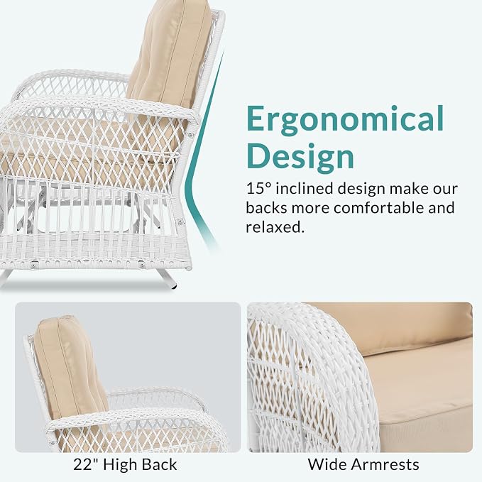MEETWARM Outdoor Wicker Patio Glider Set, Loveseat for 2 Person Porch Furniture Glider with Glass-Top Coffee Table, Patio Glider Rocking Bench with Thickened Cushions, White Wicker/Beige