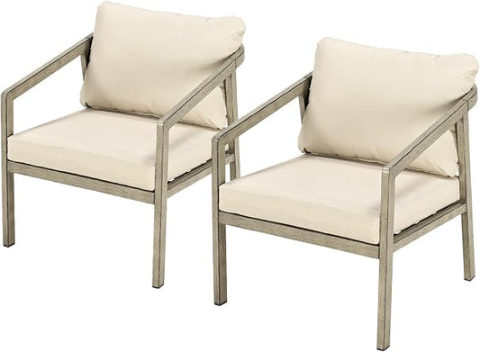 Patio Sofa Chairs Set of 2, Never-Rust Aluminum Outdoor Armchair with Thick Cushions, All Weather 2 Pieces Outdoor Club Chairs, Outdoor Sofa Chairs for Deck, Backyard, Porch, Gray Oak