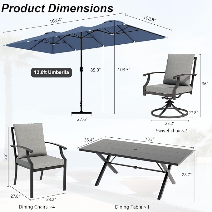 Patio Dining Set for 8 with 13.6ft Double-Sided Patio Umbrella,Outdoor Dining Set of 4 Metal Chairs and 2 Swivel Chairs with Umbrella Hole Table for Backyard,Garden,and Poolside(Grey)