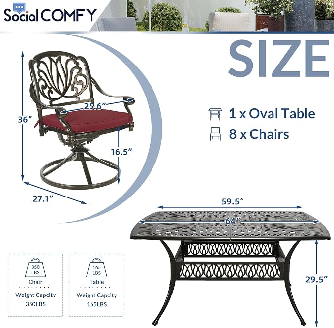 9-Piece Patio Cast Aluminum Dining Set, Outdoor Dining Furniture Set for 8 Person, Includes 64" Square Table and 8 Swivel Rocker Chairs with Umbrella Hole for Patio Deck Garden, Red