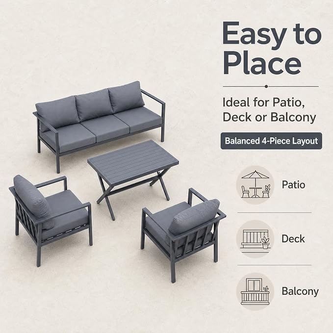 Aluminum Patio Sectional Furniture Set,4 Piece Patio Conversation Sets Outdoor Patio Furniture Set Sofa with Coffee Table & Washable Cushions Grey
