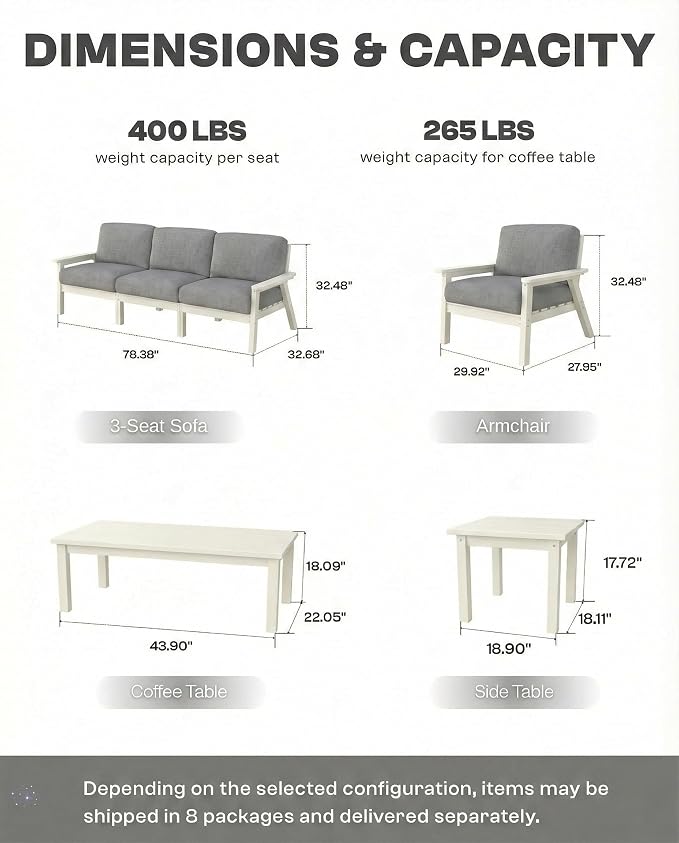 2 Piece HDPE Outdoor Furniture Set with Gray Cushions (White Frame) | All-Weather HDPE, Modular Design, Extra-Deep Seating, Thick Cushions, Ideal for Backyard, Deck & Porch