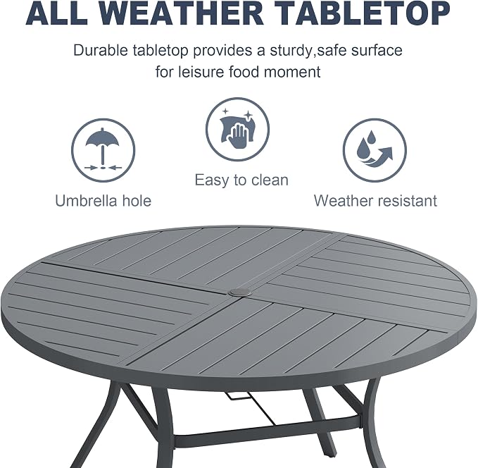 VICLLAX 53" Round Patio Dining Table for 6-8, All Weather Metal Outdoor Table with 1.57" Umbrella Hole and Surdy Frame for Garden Lawn Deck, Dark Grey