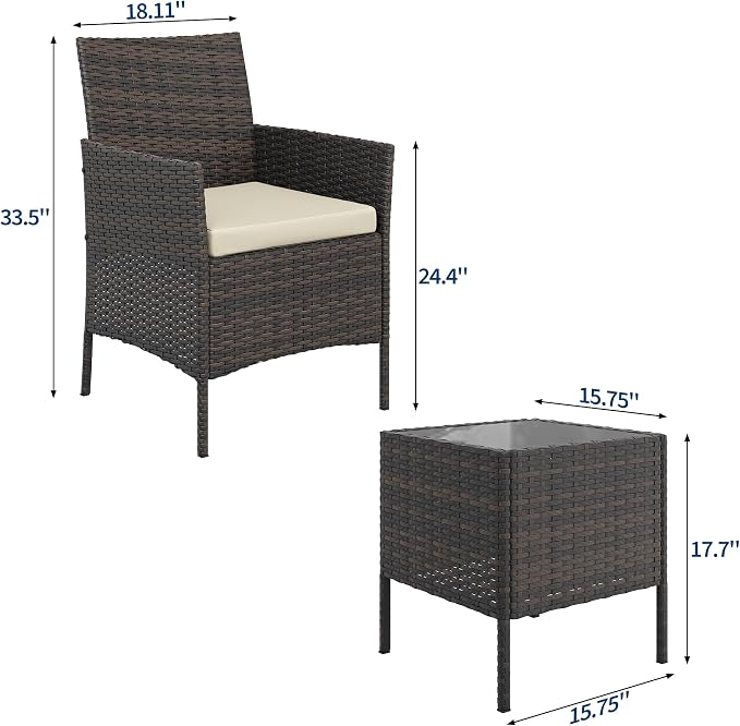 PeakPursuit 3 Pieces Patio Furniture Set, PE Rattan Wicker Patio Set with Soft Cushion and Glass Coffee Table, Upgraded Outdoor Patio Chairs and Table for Garden Poolside Balcony,White
