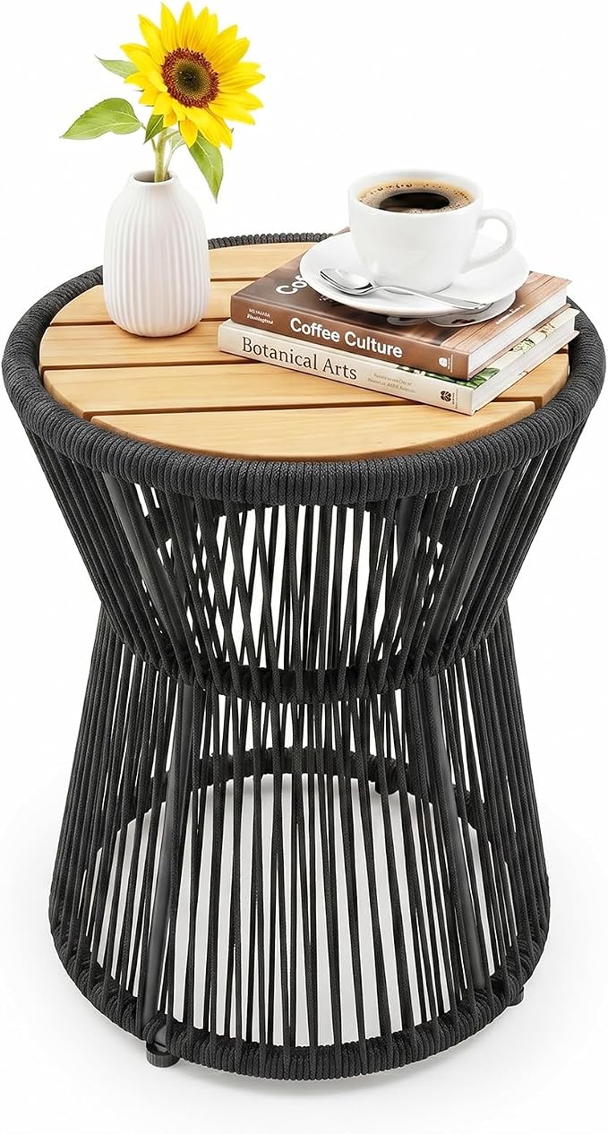 TrailBlaze Modern Woven Rope Outdoor Side Table – Round Patio End Table with Wood Top – Durable Accent for Balcony, Backyard, Poolside – Black + Natural Wood, Diameter 16in Height 20in, Color: Black +