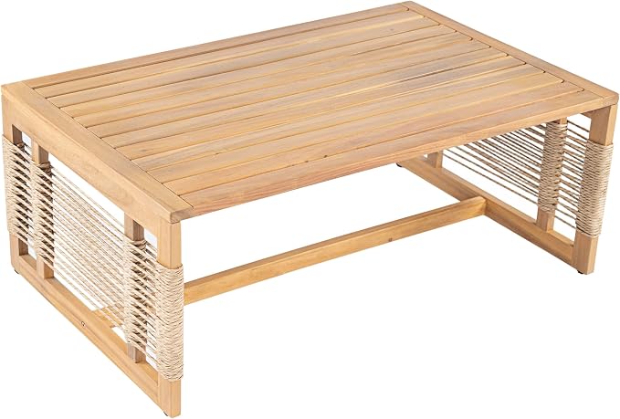 KLMM 5-Piece Patio Acacia Wood Sofa Set,Outdoor Hand Woven Rope Conversation Set with 3 Seater Sofa,2 Chairs and 2 Coffee Tables,for Garden Backyard Poolside (Teak+ Beige-pa)