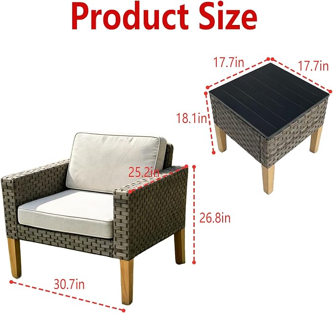 DECMICO 3 Piece Rattan Conversation Bistro Set, Outdoor Wicker Patio Furniture Set, All-Weather PE Rattan Chairs with Cushions for Backyard, Balcony, Garden, Beige