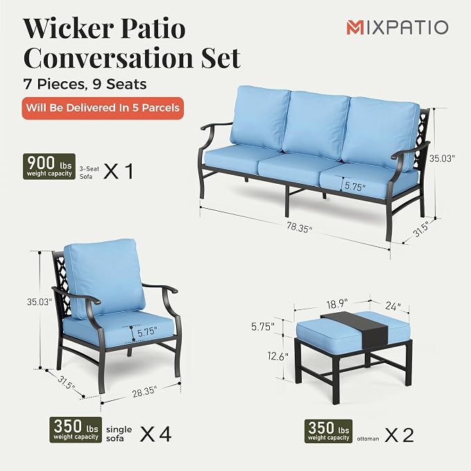 MIXPATIO Patio Furniture Set 7 pcs, Outdoor Patio Furniture, 3-Seat Sofa, 4 Single Chairs, 2 Ottomans and 5.75" Extra Thick Cushion, Patio Conversation Set for Garden Backyard Deck,Blue