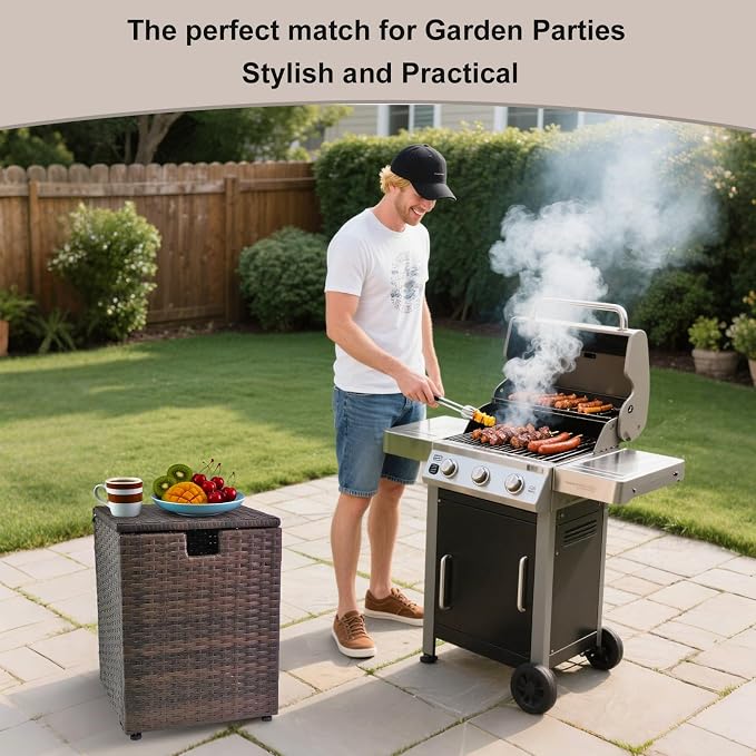 20 LB Wicker Propane Tank Cover Table, Weatherproof Outdoor Propane Tank Hide with Adjustable Feet,Perfect for Backyard, Balcony and Poolside（Brown）