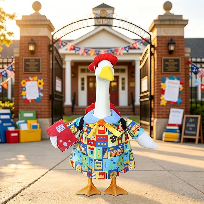 Back to School Porch Goose Outfit with Schoolbag for 23" Porch Goose Statue | Porch Goose Back to School Outfit with Notebook, Classroom Goose for First Day of School, Outdoor, Garden, Yard, Patio Decor
