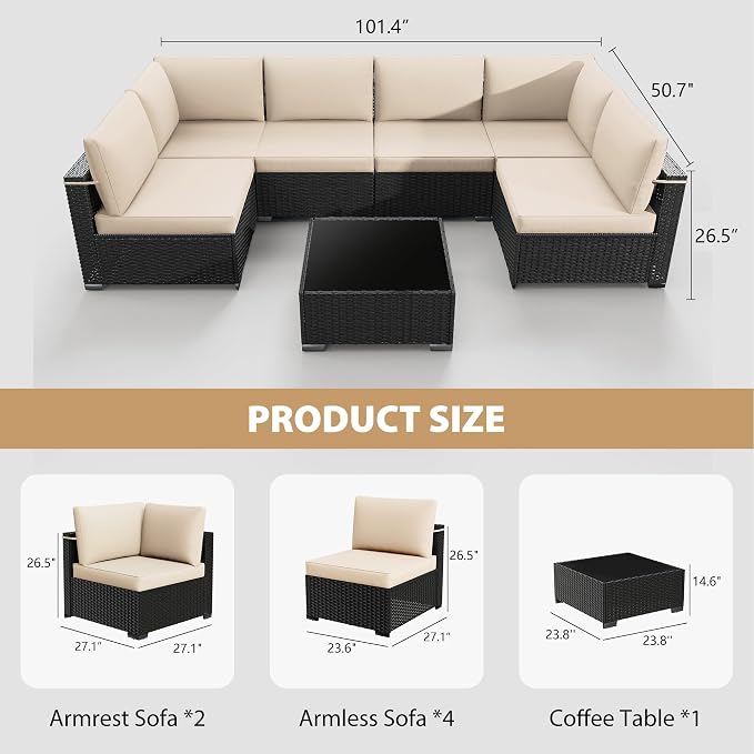 KIGOTY 7-Piece Patio Furniture Set, All-Weather PE Rattan Outdoor Sectional Sofa, Modular Wicker Conversation Set with Thick Cushions & Easy-Clean Coffee Table（Black/White）