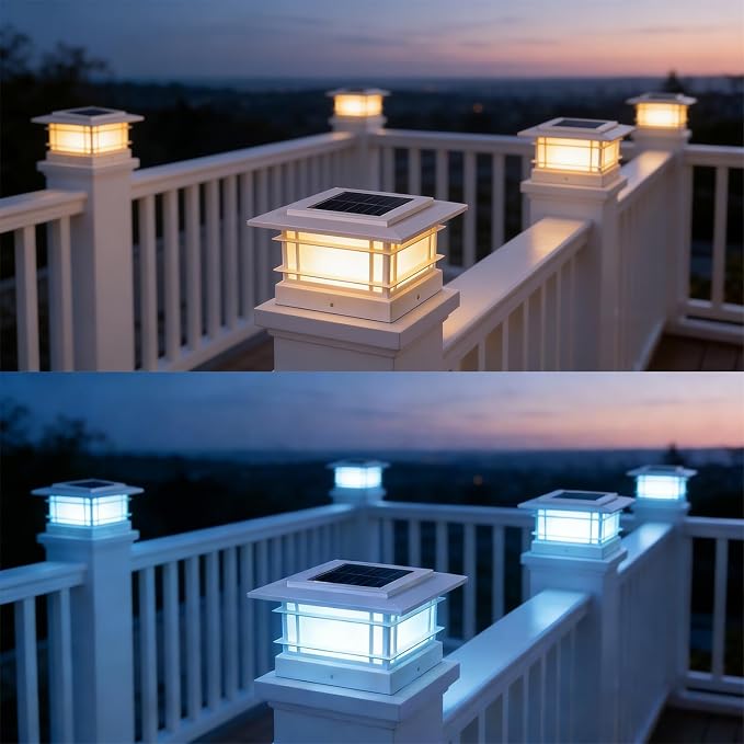 Dynaming 4x4 Solar Post Cap Lights Outdoor with 2 Color Modes, 12 Pack Fence Post Solar Lights White Shell Fit for Vinyl/Wooden Posts, High Brightness SMD LED Lighting Decor for Garden Deck Patio