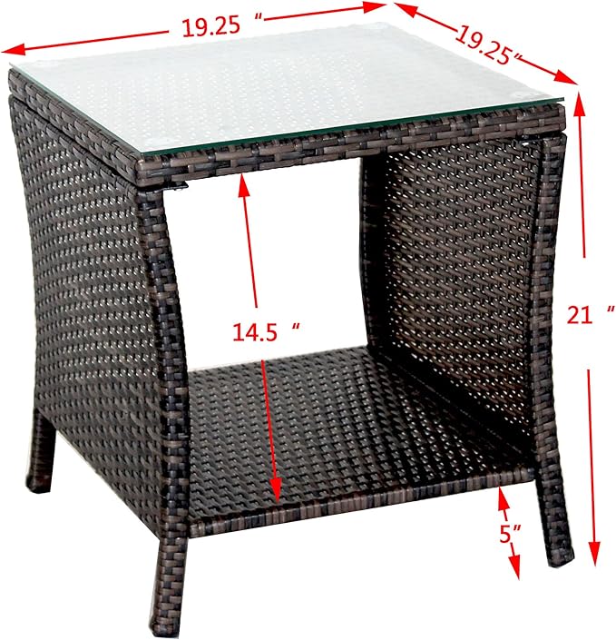 Rattan Wicker Side Table Glass Coffee Table for Outdoor Backyard Lawn Balcony Pool Square Tempered Glass Top Wicker Rattan End Table Furniture with Storage (Brown2)