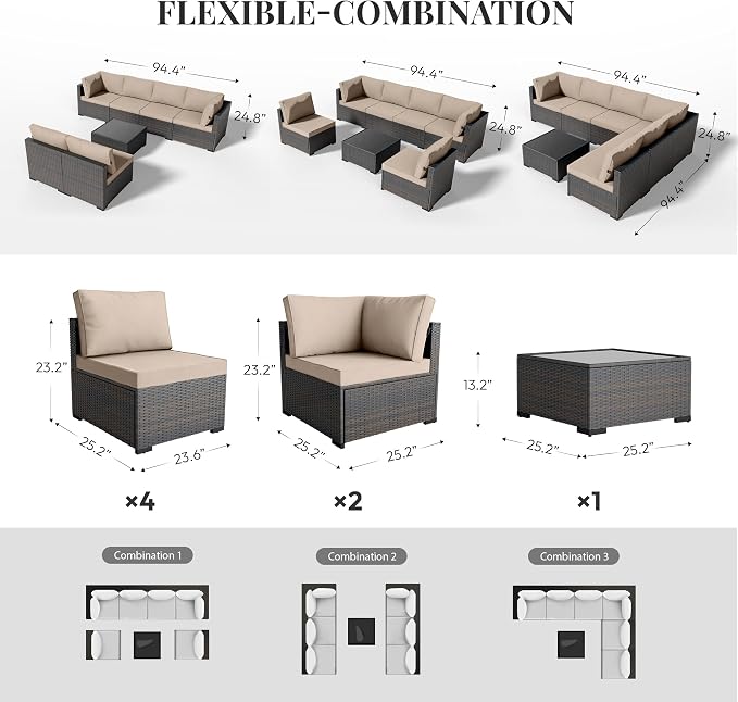 WWR Patio Furniture Set 7 Piece - All-Weather - Wicker Rattan Patio Outdoor Conversation Set, Modular Sectional Sofa for Backyard, Garden, Poolside, Balcony, Porch, Patio, Brown/Khaki
