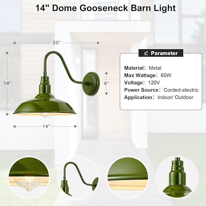 14in Outdoor Gooseneck Lights for Farmhouse, Barn Style Goose Neck Wall Light Fxiture with Wall Mount, Olive Green Exterior Porch Sconce for Patio, Garage, House
