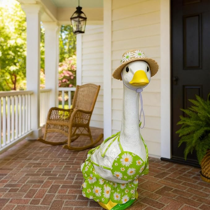 Daisy Goose Outfits 3Pcs Bikini Set for 23" Porch Goose - Spring & Summer Porch Goose Decor with Straw Hat, Daisy Print Top and Skirt, Cute Beach Bikini Goose Outfits for Lawn Garden Patio