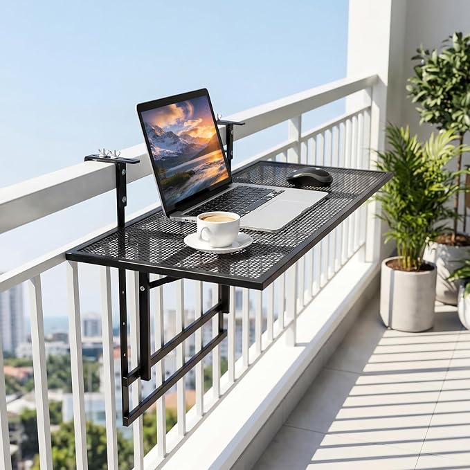 Giantex Balcony Railing Table, 31.5" Large Metal Folding Bar Table with 5-Position Adjustable Height, Heavy Duty Outdoor Hanging Breakfast Table Adapts Various Railings for Porch, Patio, Deck, Black