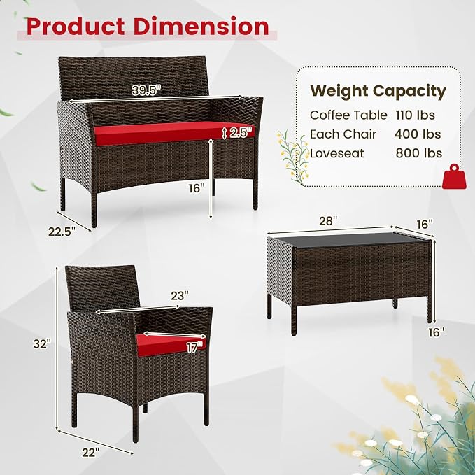 HAPPYGRILL 4PCS Patio Furniture Set Outdoor Rattan Wicker Conversation Set with Cushioned Sofa and Coffee Table for Porch Backyard Garden Poolside