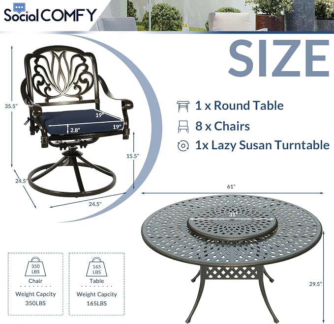 9-Piece Patio Cast Aluminum Dining Set, 8 Person Outdoor Dining Furniture Set, Includes 8 Swivel Dining Chairs and 61" Large Round Dining Table w/ 31" Lazy Susan, Umbrella Hole, Navy Blue