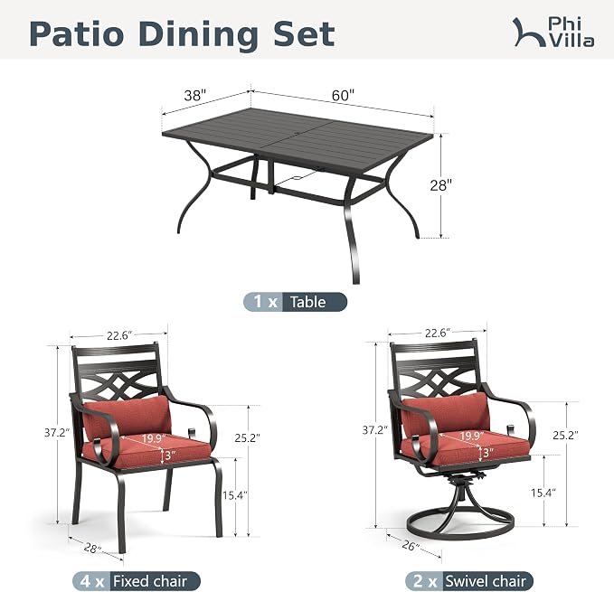 PHI VILLA Patio Dining Set, Swivel Chairs, Metal Table | Metal chairs, Red Cushion, Umbrella Hole, Cushions, E-coated