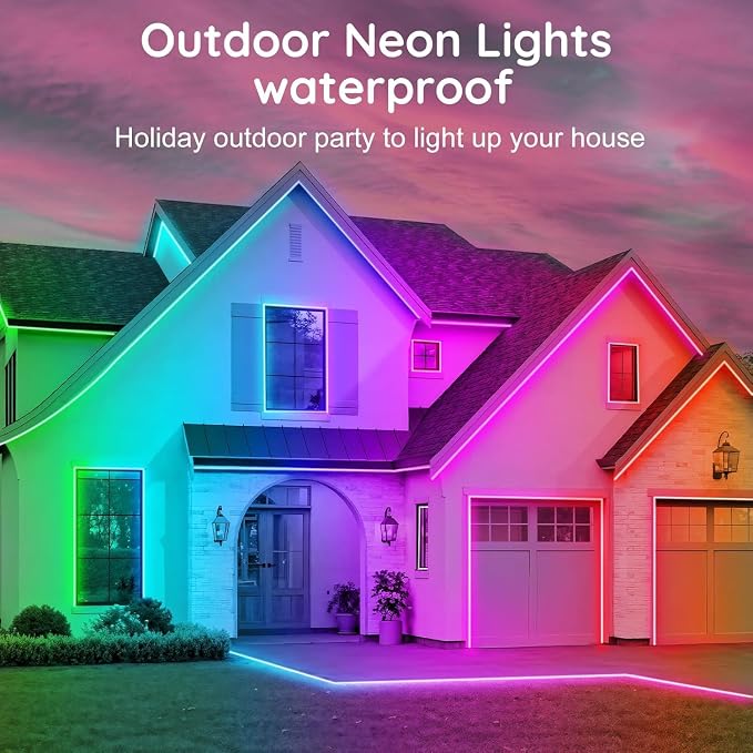 RCUICA 50FT LED Neon Rope Lights Waterproof with Smart App Control Remote,DIY Scene Modes,Music Sync hronization,Eaves Lights for Garden Decor,Deck,Christmas